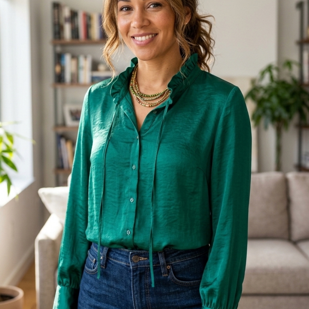 Vintage Melissa Paige Emerald Green Ruffle Tie Silk-Blend Button Down Blouse